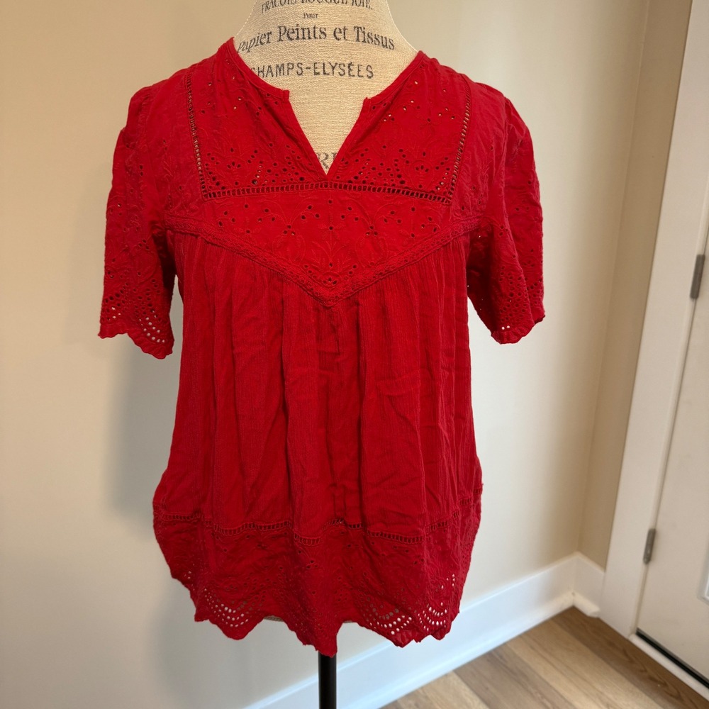 Knox Rose Women's Red Floral Eyelet Blouse Size M